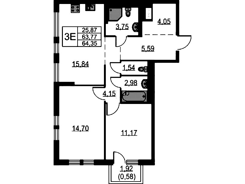 2-комнатная квартира 64.35 м², 14/17 эт., ЖК «Невская Долина»